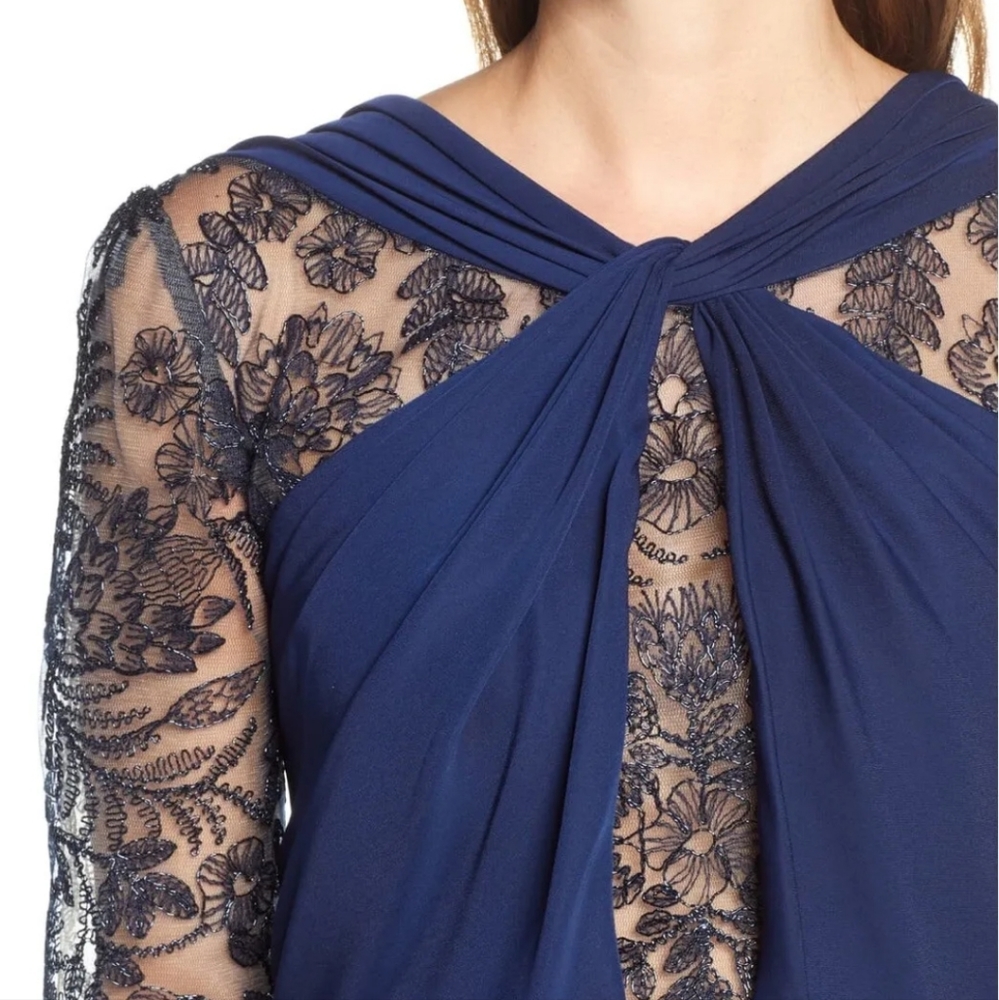 TADASHI SHOJI TWIST TOP EMBROIDERED MESH CREPE LONG DRESS DARK BLUE - Picture 2 of 8